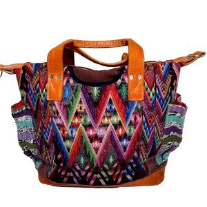 Nena & Co. Embroidered Tote Handbag Brown Leather Pink BlueGeometric Boho Large